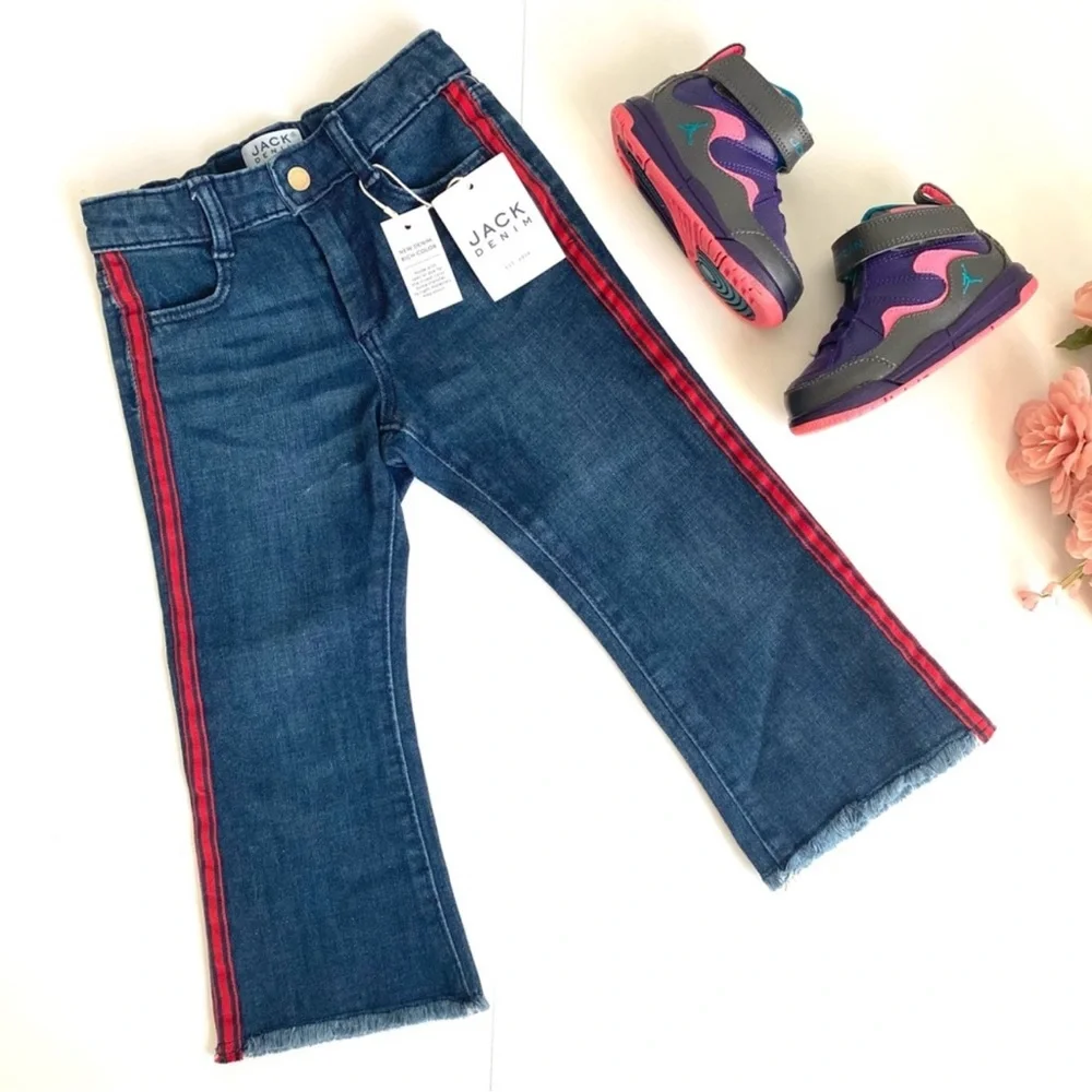 NWT Janie and Jack Blue Red Side Stripe Raw Hem Girl Jeans